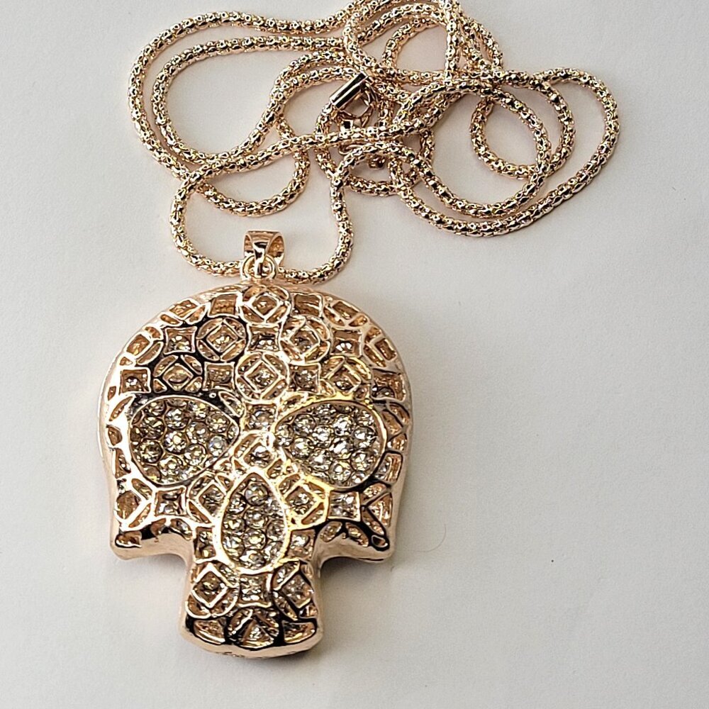 Large Crystallized Golden Skull Pendant Necklace